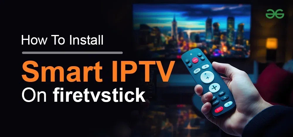 This image is a promotional or instructional graphic that explains how to install Smart IPTV on Fire TV Stick. On the left side, the text reads: How To Install Smart IPTV On Firestick The words "Smart IPTV" and "firetvstick" are highlighted in bold and orange/white, making them stand out prominently. On the right side of the image, there is a hand holding a Fire TV remote control, aimed toward a large television screen in the background. The TV is displaying a high-definition cityscape at night, suggesting a premium, immersive viewing experience. The image gives a modern, tech-savvy feel and is likely designed for a tutorial or guide on setting up IPTV streaming services on Amazon Firestick.