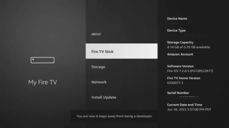 This image shows the "My Fire TV" settings menu on an Amazon FireStick or Fire TV device. Key Elements: The "My Fire TV" menu is open. The "About" option is highlighted, which allows users to view device details like: System information Storage status Network details System updates Purpose of This Step: This screen is typically used during the preparation to enable Developer Options, especially if the "Developer Options" menu is not visible by default. To reveal Developer Options (if missing), users often need to: Go to Settings > My Fire TV > About Select the device name (e.g., "Fire TV Stick") and click it 7 times to enable Developer Options This is a crucial setup for sideloading apps like Smart IPTV or TiviMate IPTV Player using tools such as Downloader. Vous avez dit :