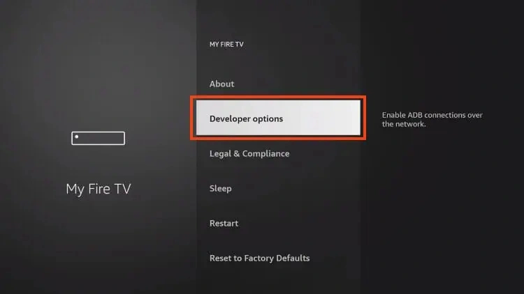 This image shows the "My Fire TV" settings menu on an Amazon FireStick or Fire TV device. Key Elements: The "My Fire TV" menu is open. The "About" option is highlighted, which allows users to view device details like: System information Storage status Network details System updates Purpose of This Step: This screen is typically used during the preparation to enable Developer Options, especially if the "Developer Options" menu is not visible by default. To reveal Developer Options (if missing), users often need to: Go to Settings > My Fire TV > About Select the device name (e.g., "Fire TV Stick") and click it 7 times to enable Developer Options This is a crucial setup for sideloading apps like Smart IPTV or TiviMate IPTV Player using tools such as Downloader. Vous avez dit :