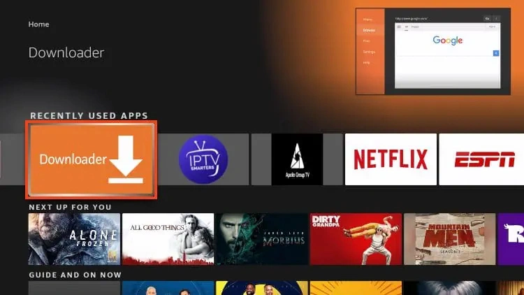 This image shows the FireStick home screen with the Smart IPTV app highlighted under the "Downloaded apps" section.