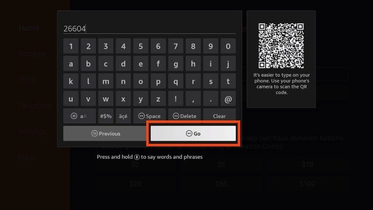 This image shows a screen from the Downloader app on an Amazon Firestick or Fire TV device, where a user is entering a short URL code to sideload an app. Description: A virtual keyboard is displayed, and the user has typed in the code "26604" into the input field. This short code corresponds to a URL that will later redirect to the Smart IPTV APK file. The “Go” button at the bottom of the keyboard is highlighted, indicating the next step is to press it to begin the redirection process. On the right, there’s a QR code with a message suggesting it’s easier to type on your phone by scanning the QR code. The background interface is part of the Downloader app, commonly used for sideloading apps on Firestick. This is an essential step in installing Smart IPTV manually on Firestick using the Downloader tool.
