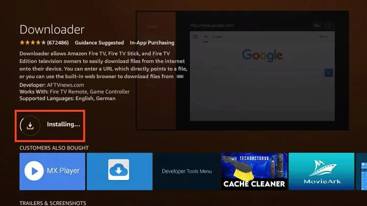 This image shows the Downloader app installation complete screen on an Amazon FireStick or Fire TV device. Key highlights: The Downloader app has been successfully installed, as indicated by the notification in the bottom-right corner: Text: 🔽 Downloader – Ready to launch! 🟢 Launch now The main "Open" button has replaced the download button on the left side, allowing the user to start the app immediately. The page still displays the app details: Developer: AFTVnews.com Works With: Fire TV Remote, Game Controller Supported Languages: English, German Bottom Row: Recommended apps like MX Player and Developer Tools Menu are shown under "Customers Also Bought". This screen appears right after downloading and installing the Downloader app, which is essential for sideloading IPTV players like Smart IPTV, TiviMate, or IPTV Smarters Pro.