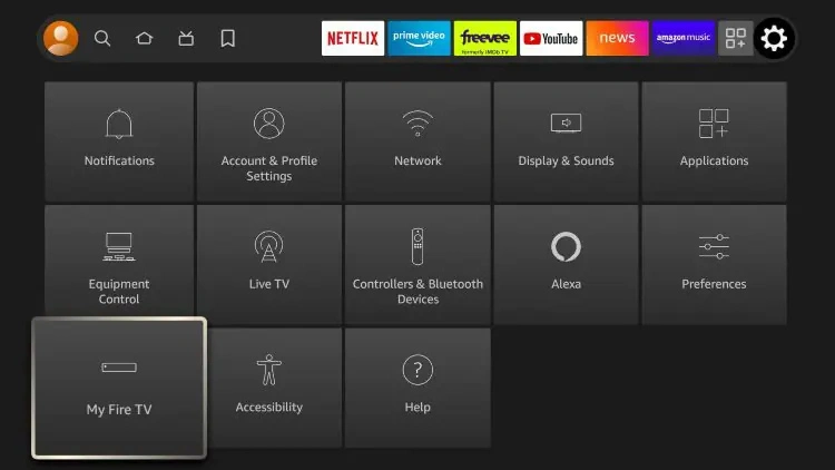This image displays the Settings menu on an Amazon FireStick or Fire TV device interface. Key Elements: The screen shows various settings tiles, including: Notifications Account & Profile Settings Network Display & Sounds Applications Equipment Control Live TV Controllers & Bluetooth Devices Alexa Preferences Accessibility Help The tile "My Fire TV" is highlighted with a selection box, indicating the user is about to access it. Purpose of This Step: This step is usually part of enabling developer options or installing third-party apps (such as IPTV players) via sideloading. Once you enter "My Fire TV", the user will typically: Select Developer Options Enable Apps from Unknown Sources Turn on ADB Debugging
