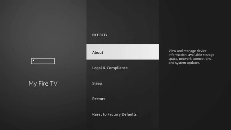 This image shows the "My Fire TV" settings menu on an Amazon FireStick or Fire TV device. Key Elements: The "My Fire TV" menu is open. The "About" option is highlighted, which allows users to view device details like: System information Storage status Network details System updates Purpose of This Step: This screen is typically used during the preparation to enable Developer Options, especially if the "Developer Options" menu is not visible by default. To reveal Developer Options (if missing), users often need to: Go to Settings > My Fire TV > About Select the device name (e.g., "Fire TV Stick") and click it 7 times to enable Developer Options