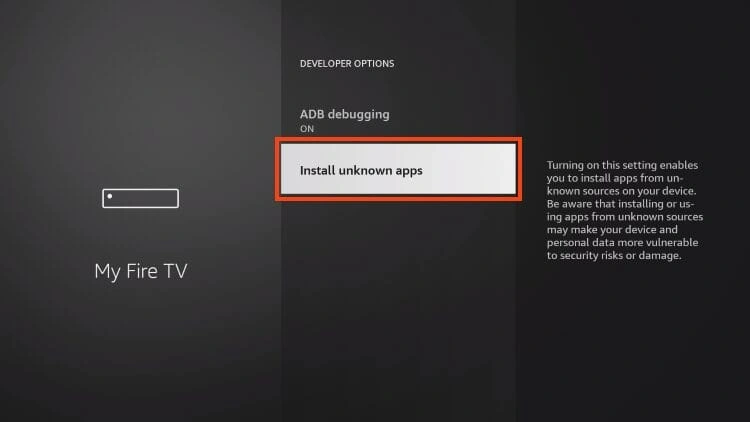 Title: Install Unknown Apps The user has selected the Downloader app and toggled it ON. This allows the Downloader app to install APK files (apps) from sources outside the Appstore.