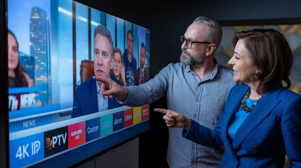 Two people pointing at a smart TV screen displaying a news broadcast with a row of international IPTV channel logos at the bottom.