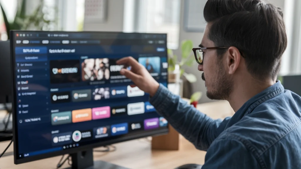 Man browsing IPTV channels on a desktop screen, selecting from a modern streaming interface with various entertainment options.