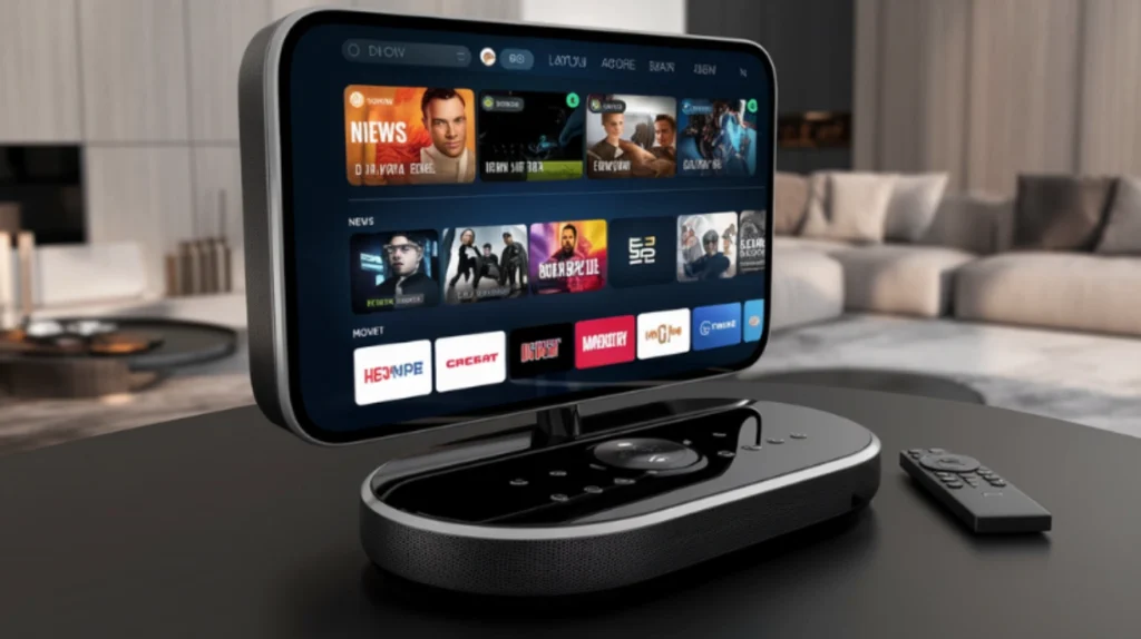 Sleek IPTV set-top box with touch interface displaying live TV, movies, and news streaming apps in a modern French living room.