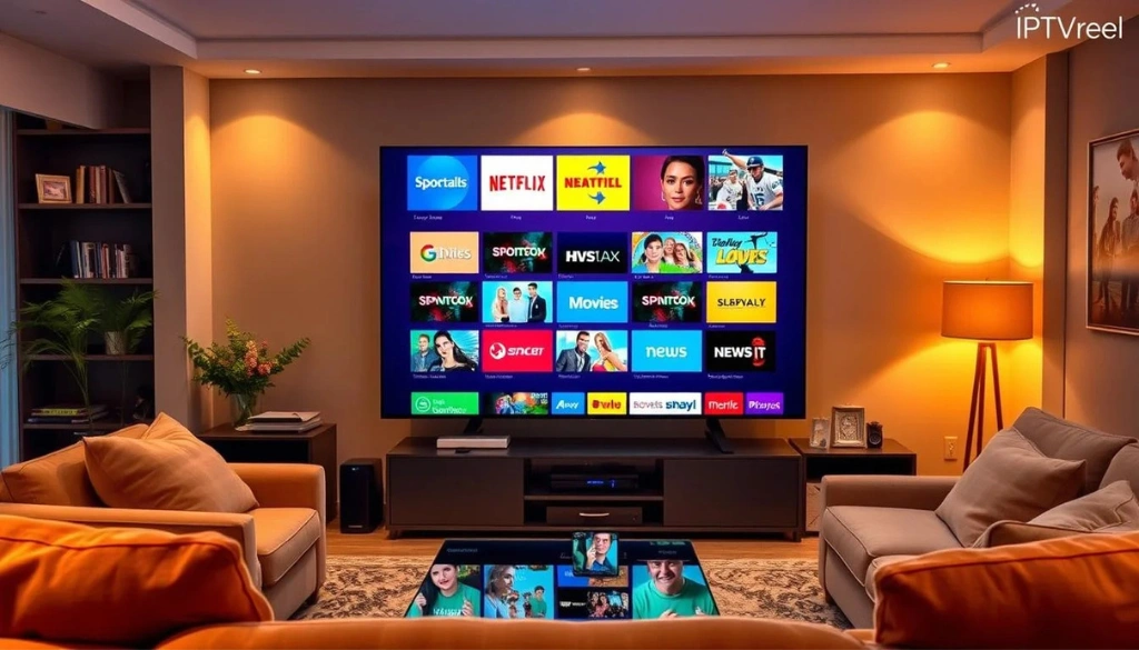 Modern living room with a large flat-screen TV displaying an IPTV interface featuring various apps and channels like Netflix, Sportalls, Spotfox, and NewsIT. Cozy ambiance with warm lighting, two couches, a coffee table, and smart home decor.