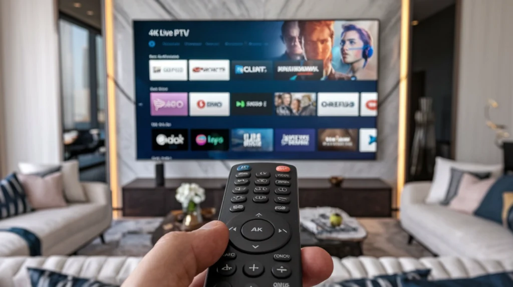 Close-up of a remote control pointed at a 4K Live IPTV interface on a smart TV in a luxury living room SEO Keywords Included: 4K IPTV, smart TV, remote control, IPTV interface, internet TV streaming