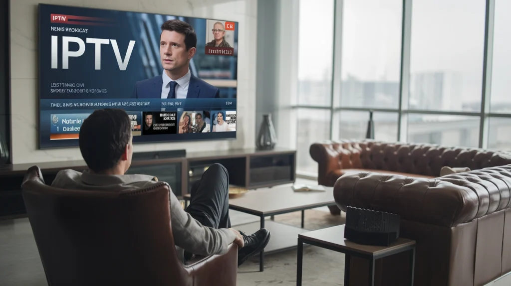 Man watching IPTV news on a large smart TV in a modern living room with city view SEO Keywords Included: IPTV, news streaming, smart TV, internet television, modern living room