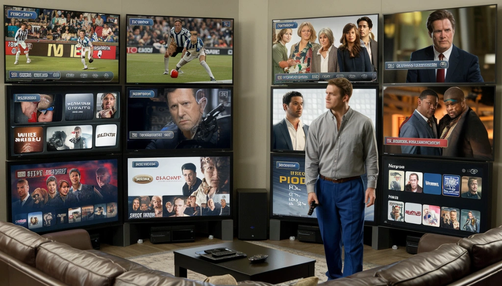 A man stands in a modern living room surrounded by a wall of large TV screens, each displaying different IPTV content, including sports, movies, and TV shows. The multi-screen setup shows a wide variety of channels and genres in a high-tech entertainment environment.
