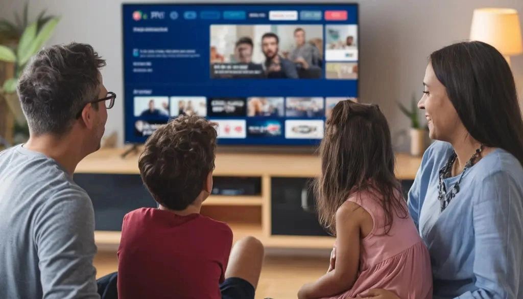 A smiling family of four—two parents and two children—relaxing together in a living room while watching IPTV on a smart TV. The screen displays a clean, modern interface with various content options.