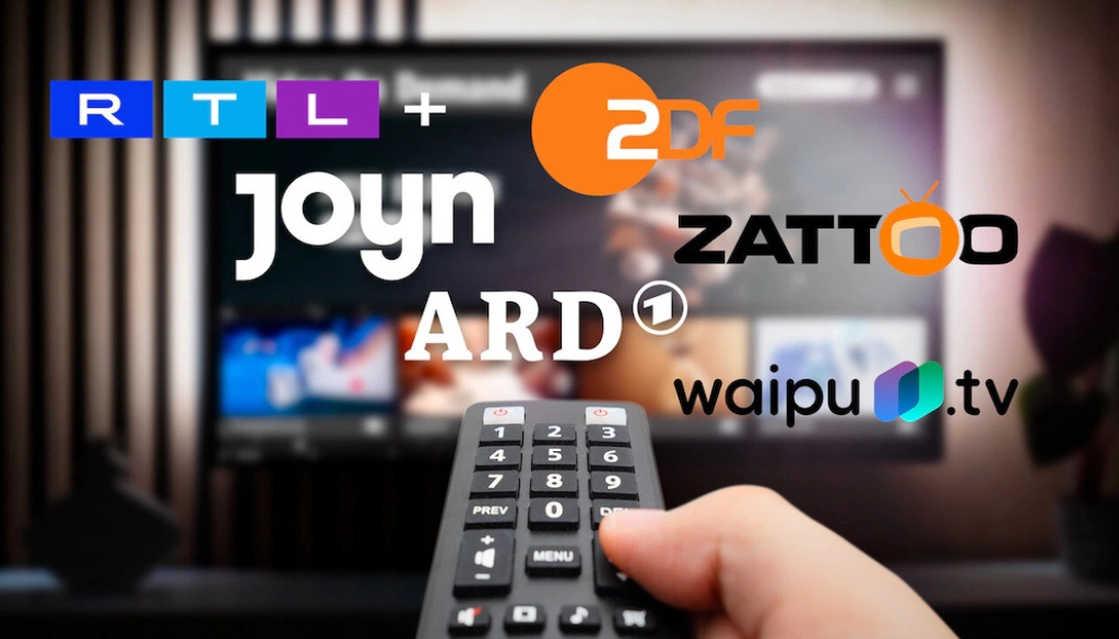 A person holding a remote control while facing a smart TV, showcasing logos of popular streaming platforms available in Switzerland, including Zattoo, Joyn, ARD, RTL+, Waipu.tv, and ZDF. The background is slightly blurred to emphasize the IPTV logos.