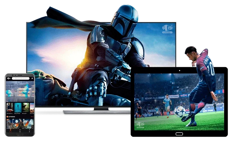 IPTV streaming on multiple devices, including a TV showing "The Mandalorian," a smartphone displaying content, and a tablet streaming a football match, all showcasing the versatility of the service across platforms.