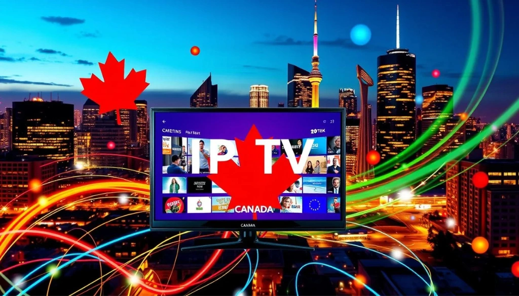 IPTV Canada displayed on a TV screen with vibrant city lights and a Canadian flag graphic in the background, showcasing streaming content.