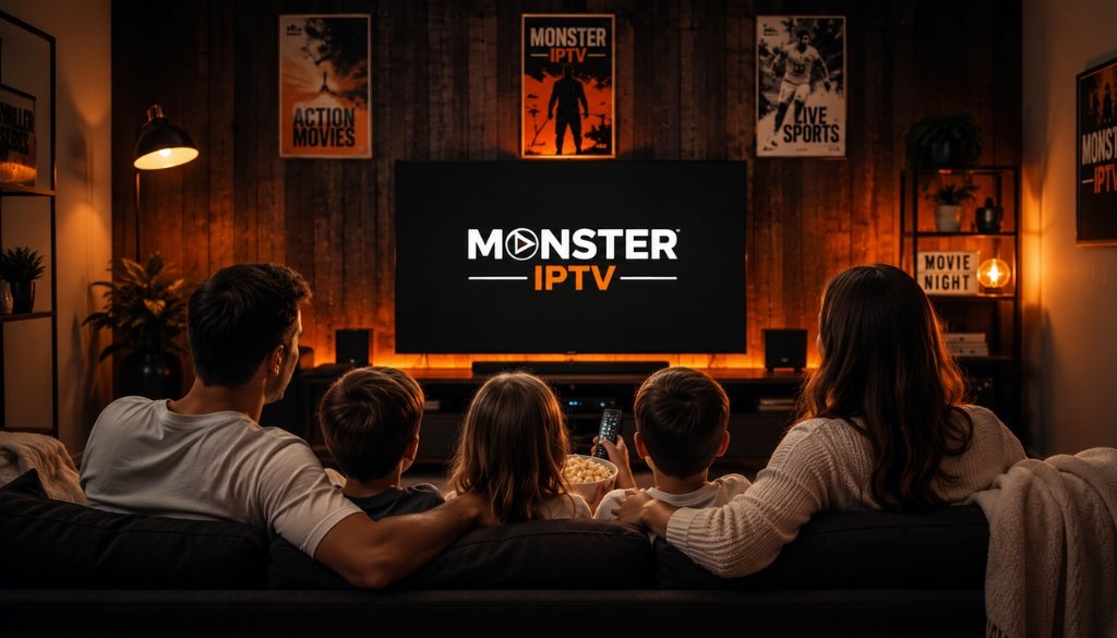 Family enjoying Monster IPTV on a large 4K smart TV in a cozy home theater, watching movies, sports, and live TV with a modern entertainment setup and warm cinematic lighting.