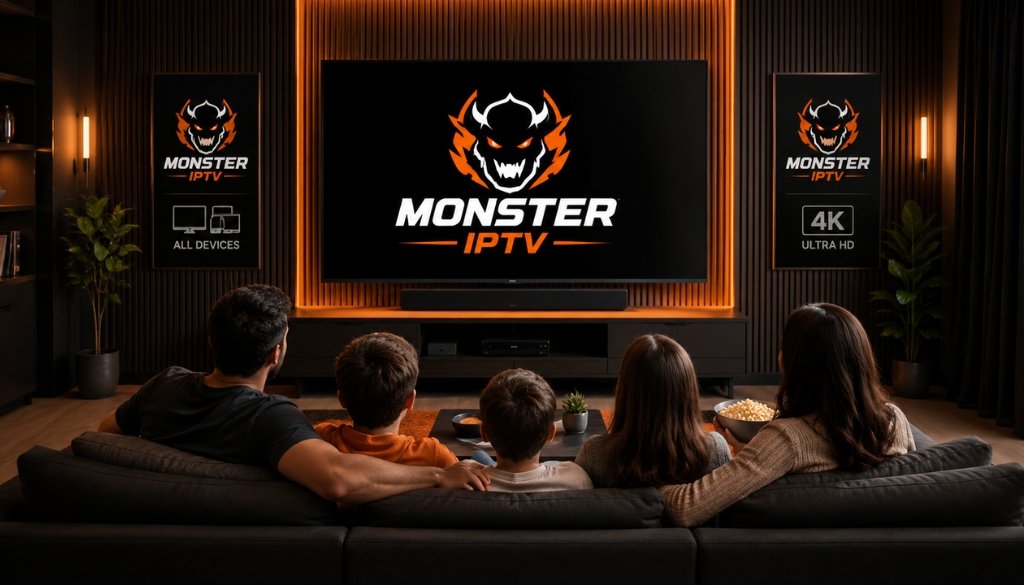 Family watching Monster IPTV Canada on a large smart TV in a modern home theater with black and orange ambient lighting, Monster IPTV branding, 4K streaming, all-device support, and premium entertainment experience.