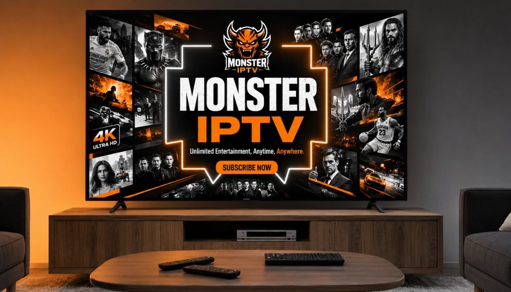 Monster IPTV US promotional display on a modern 4K smart TV featuring movies, TV series, live sports, premium entertainment, Ultra HD streaming, black and orange branding, and unlimited IPTV content.