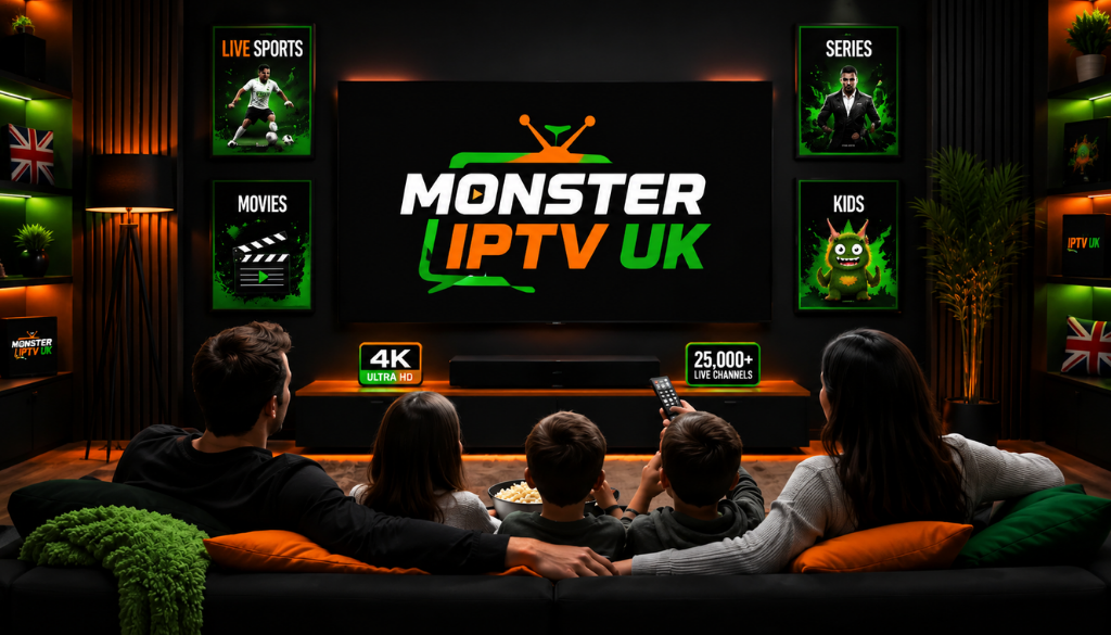 Family enjoying Monster IPTV UK on a 4K smart TV with live sports, movies, series, kids content, 25,000+ live channels, and Ultra HD entertainment.
